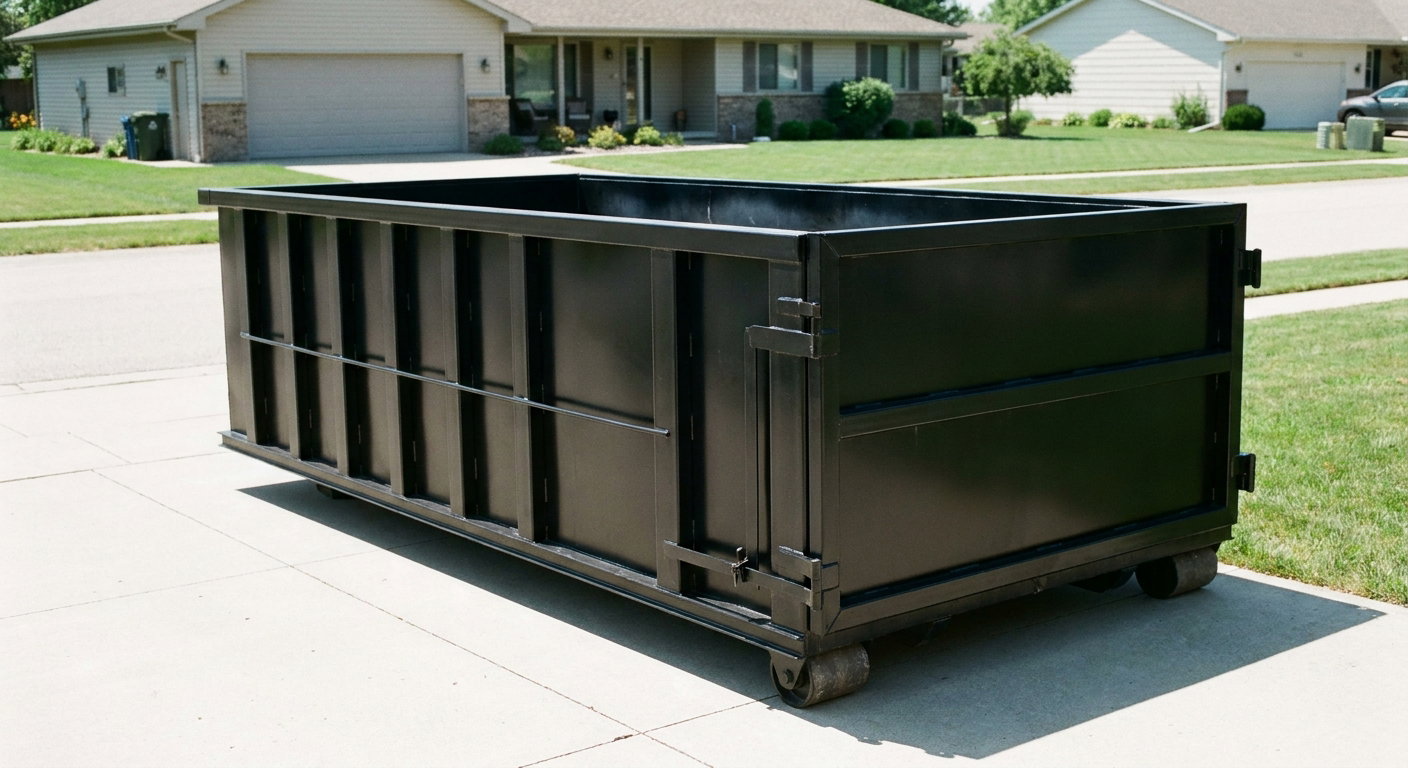 Matte-black 10-yard roll-off dumpster on a residential concrete driveway in Alexandria, uniformly painted matte black across every panel and rail, ribbed steel sidewalls and rear swing door visible, mid-day daylight.
