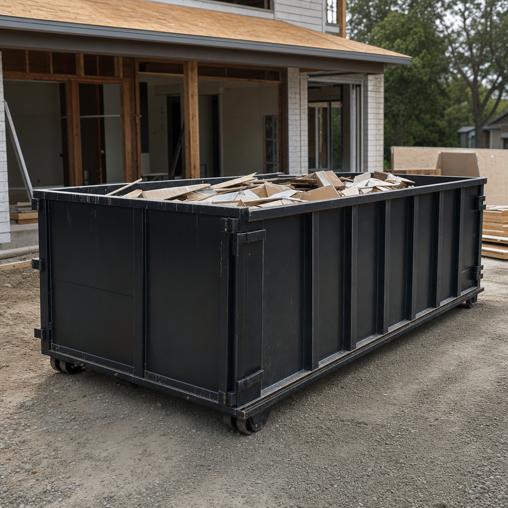 Large matte-black 30-yard construction roll-off dumpster at an active Alexandria jobsite, steel-gray top rails and bottom rollers visible, loaded with construction debris.